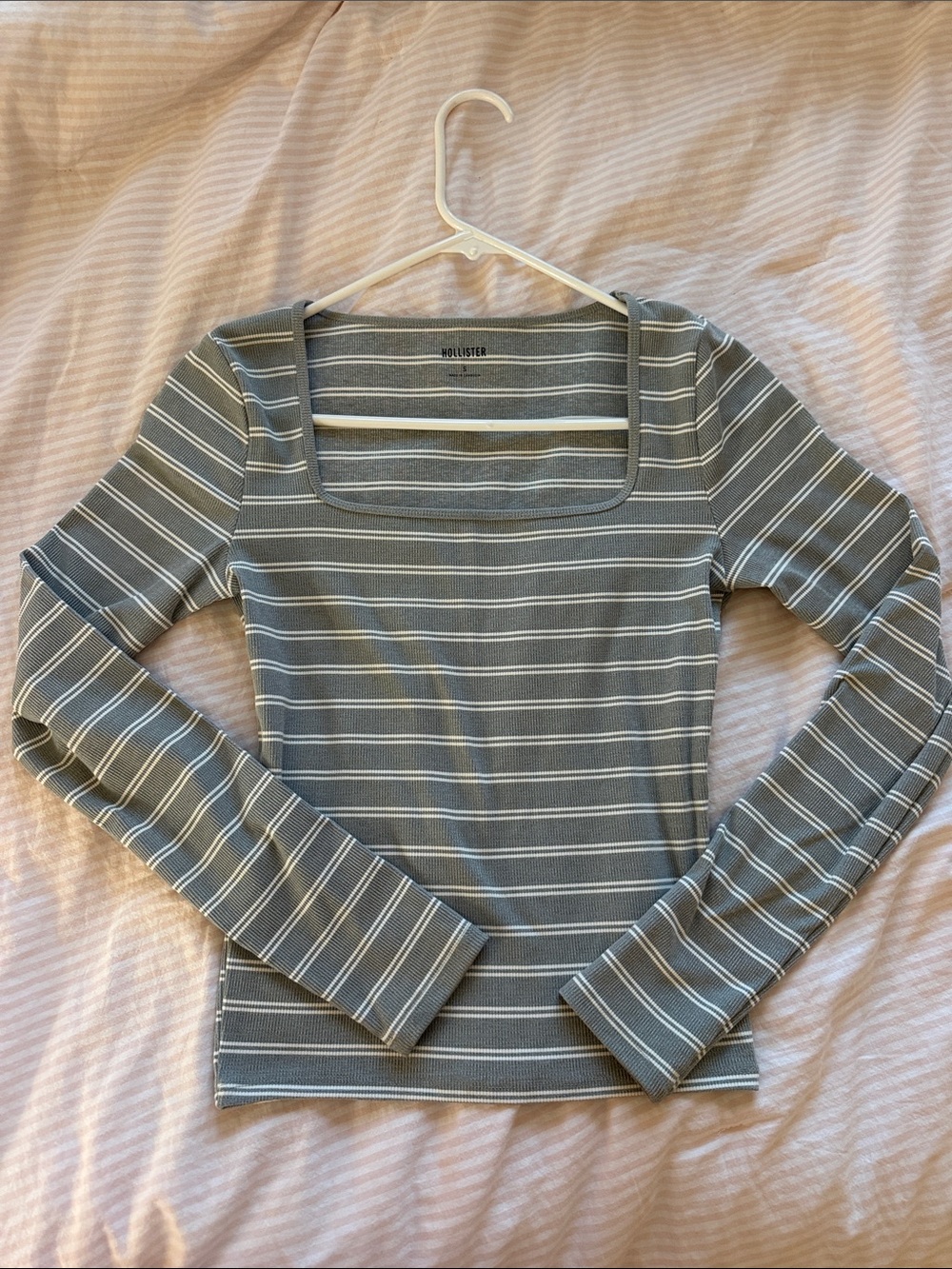 Hollister Gray & White Striped Square-Neck Long Sleeve Top